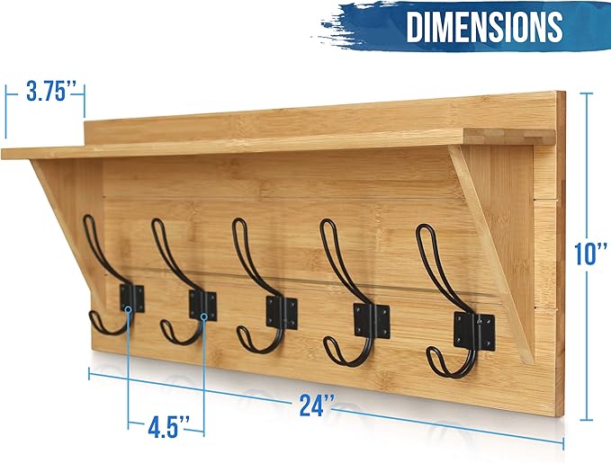 HBCY Creations Rustic Wall Mounted Coat Rack with Shelf - Solid Wood 24" Entryway Shelf with 5 Coat Hangers. Perfect Touch for Your Entryway, Mudroom, Kitchen, Bathroom and More, Bamboo