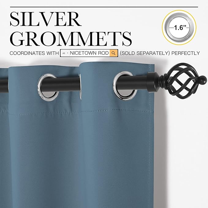 NICETOWN Smoky Blue Blackout Curtains 45 inches Length for Kitchen, 2 Panels, 29" Wide, Thermal Insulated Decoration Drapes for Small Window
