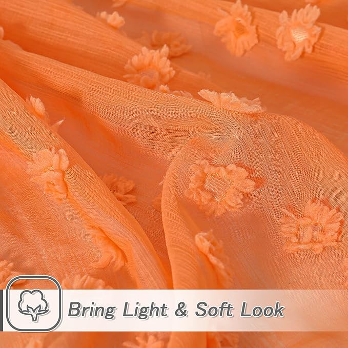 MYSKY HOME Pom Pom Orange Sheer Curtains for Bedroom Girls Room Curtains 84 Inches Long for Nursery Kids Light Filtering Boho Window Drapes, Rod Pocket, 52" Wide, 2 Panels