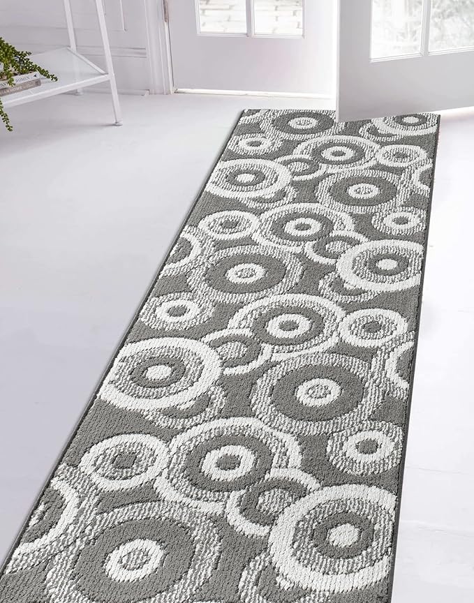 Custom Length Cut to Size Retro Modern Geometric Carpet Runner Rug for Hallways, Non Slip Rubber Backed, 31 inch Wide X Customized Length, Geo Grey, 31 inch X 15 feet