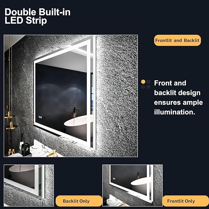 LED Bathroom Mirror 24"x 32",Front Lit and Backlit LED Mirror,Vanity Mirror with Lights Stepless Dmable,Aimnti-Fog, Shatter-Proof, Memory,3 Color LED Wall Mirror (Horizontal/Vertical)