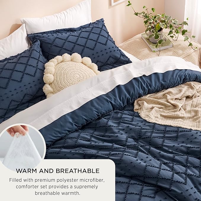 Bedsure Oversized King Comforter Set - Navy Blue Comforter, Boho Tufted Shabby Chic Bedding, 3 Pieces Vintage Farmhouse Bed Set for All Seasons, Fluffy Soft Bedding with 2 Pillow Shams