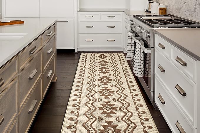 Custom Length Cut to Size Tribal Ethnic Southwestern Inspired Hallway Runner Rug, Non Slip Rubber Backed, 31 inch Wide X Customized Length, Aztec Beige, 31 inch X 10 feet