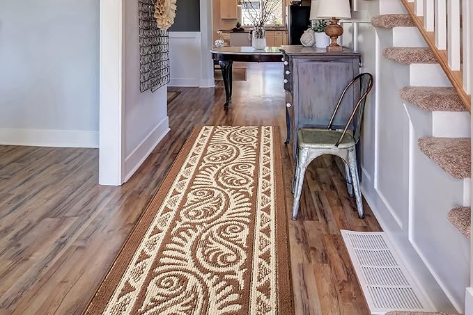 Custom Length Cut to Size Tribal Ethnic Southwestern Inspired Hallway Runner Rug, Non Slip Rubber Backed, 31 inch Wide X Customized Length, Mayan Brown, 31 inch X 6 feet