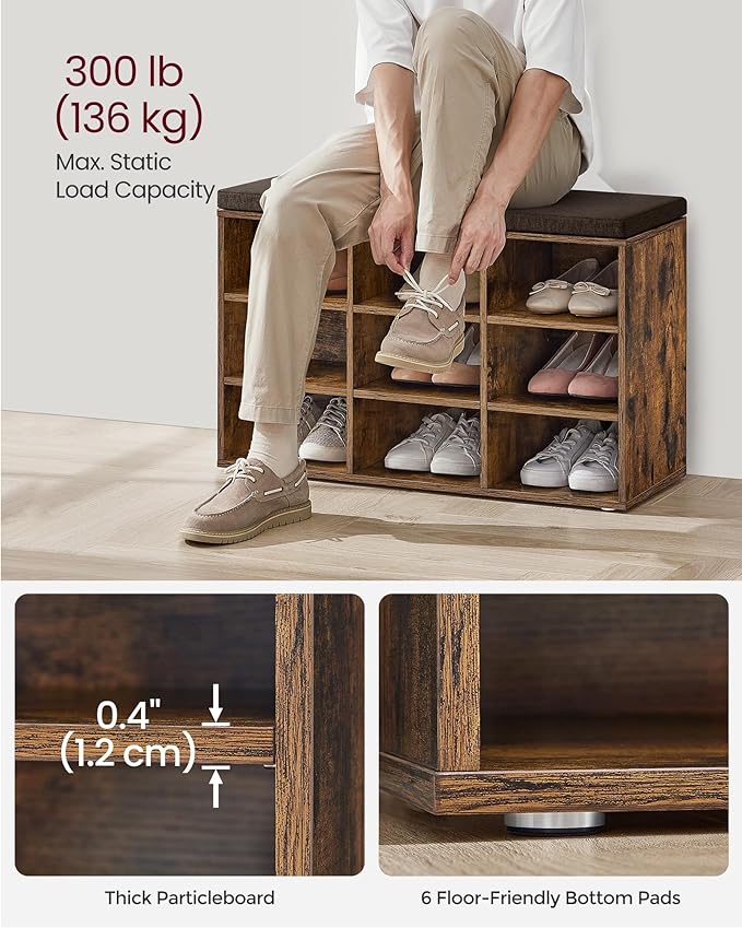 VASAGLE CUSTOS Collection - Shoe Bench, Storage Bench with Padded Seat, Entryway Bench with 9 Compartments, for Bedroom, 11.9 x 30.9 x 18.9 Inches, Rustic Brown and Chestnut Brown ULHS009B01
