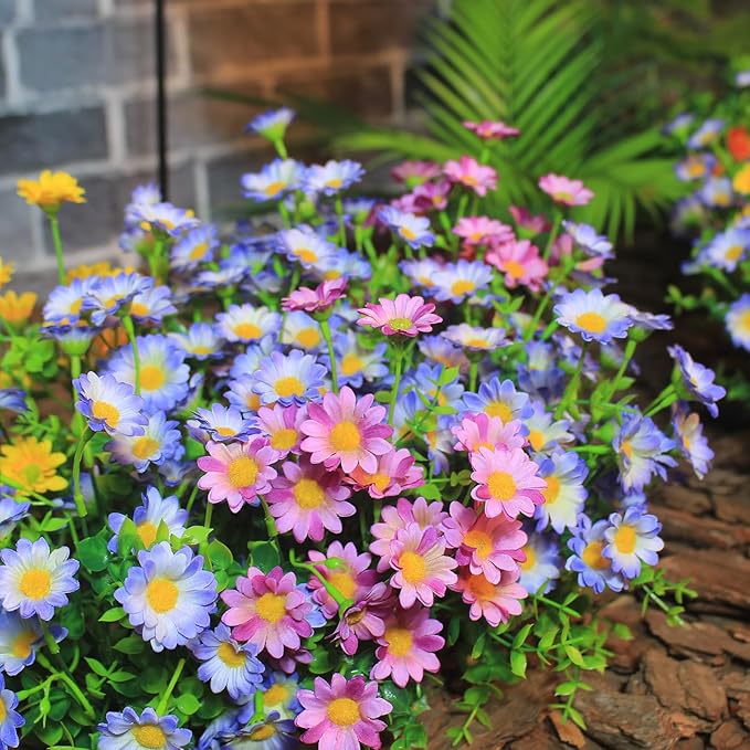 Artificial Plants & Flowers Outdoor 16 Bundles Fade Resistant Wildflowers Fake Daisy Outside Colorful Flowers Spring Summer Decorations for Planter Front Porch Decor(16 Bundles 3 Colors)