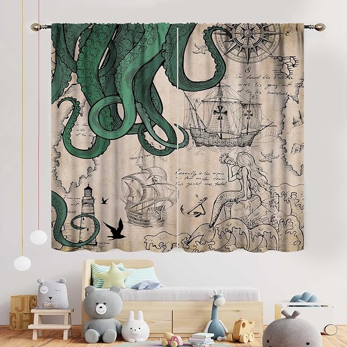 Nautical Octopus Curtains, Coastal Old Pirate Map Sailboat Compass Vintage Magic Ocean Kraken Octopus Tentacles Window Drapery Treatment for Bedroom Living Room Kitchen Bathroom 2 Panels, 84"x63" Inch