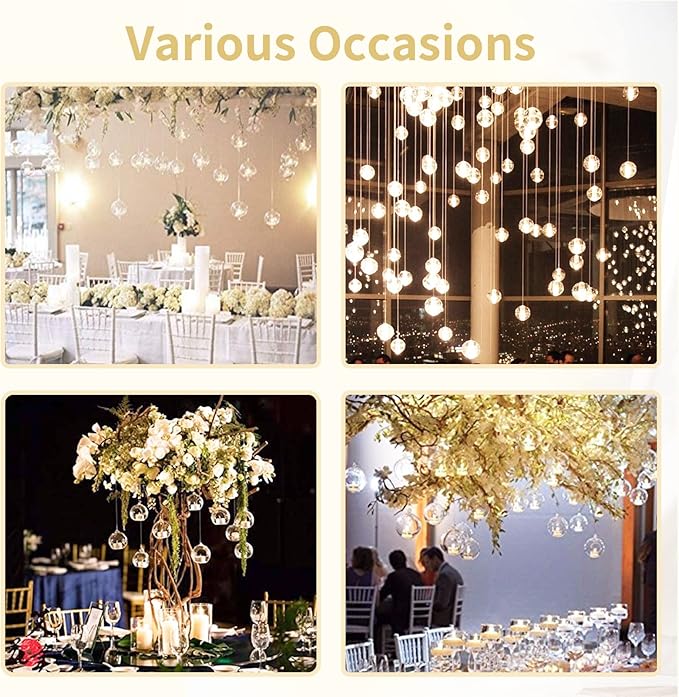 NUPTIO Hanging Glass Globe with Candles: Set of 12 Tealight Candle Holders with LED Tea Lights - 2.36 inch Bulk Clear Votive Candleholders for Party Wedding Birthday Shower Celebration Tree Decoration