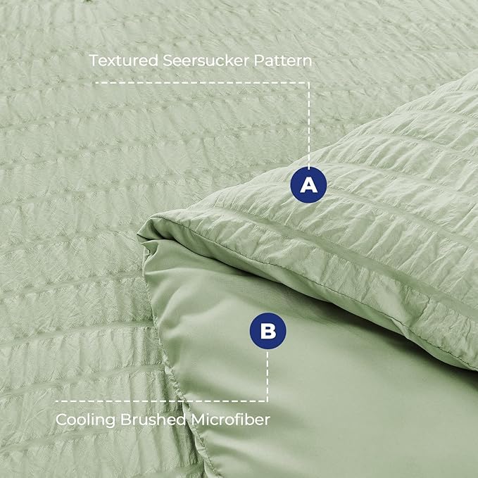 HYMOKEGE Light Green Twin Comforter Set Seersucker 5 Pieces, All Season Luxury Bed in a Bag for Bedroom, Bedding Set with Comforters, Sheets, Pillowcase & Shams