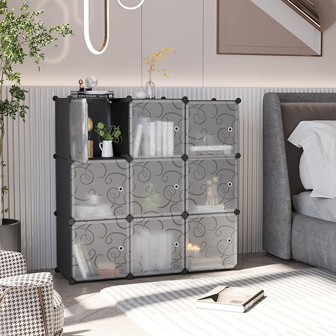 C&AHOME Cube Storage Organizer with Doors, 9-Cube Shelves, Closet Cabinet, DIY Plastic Modular Bookshelf, Storage Shelving Ideal for Bedroom, Living Room, 36.6”L x 12.4”W x 36.6”H Black USHS3009B-DOOR