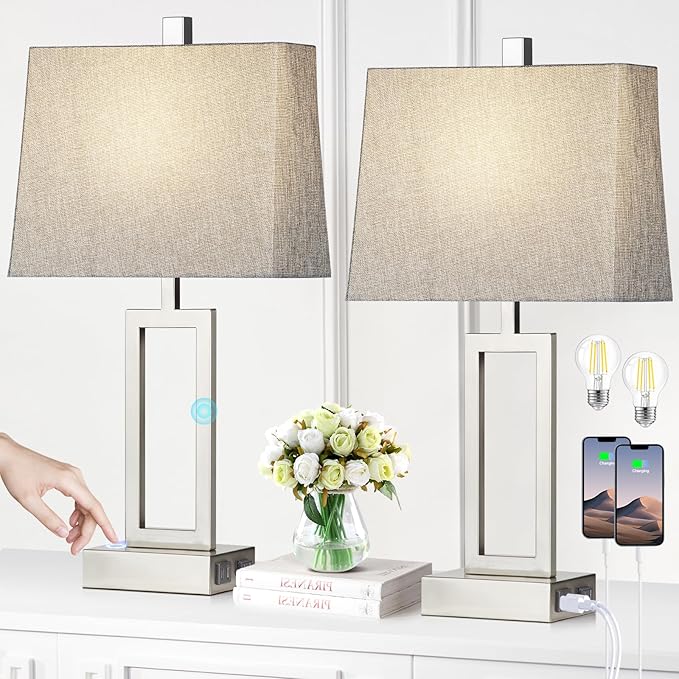 Touch Control Table Lamps Set of 2, Modern Silver Bedside Lamps with USB A+C Ports & AC Outlet, 3 Way Dimmable Contemporary Nightstand Lamps for Bedroom Living Room(LED Bulb Included)