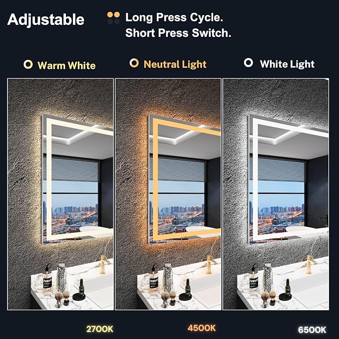 LED Bathroom Mirror 20"x 28", Front Lit and Backlit Mirror Bathroom with Lights,Stepless Dimmable,Anti-Fog, Shatter-Proof, Memory, 3 Colors Led Vanity Mirror (Horizontal/Vertical)