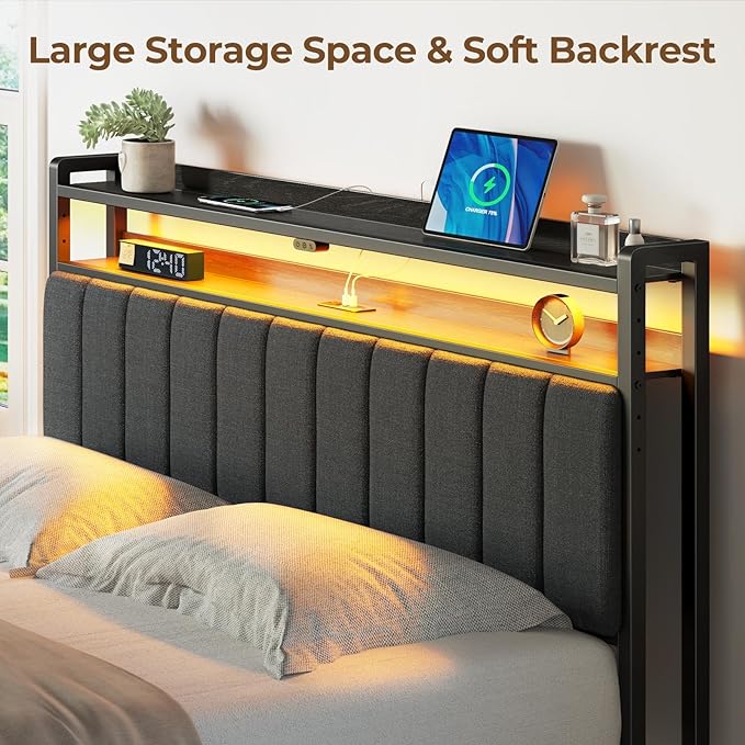 Rolanstar Headboard for Queen Size Bed with Storage, 60,000 DIY Color of LED Light, Head Board with USB & Type C Port, Height Adjustable, Black Upholstered Cabeceras de Cama Comfortable Modern, Linen