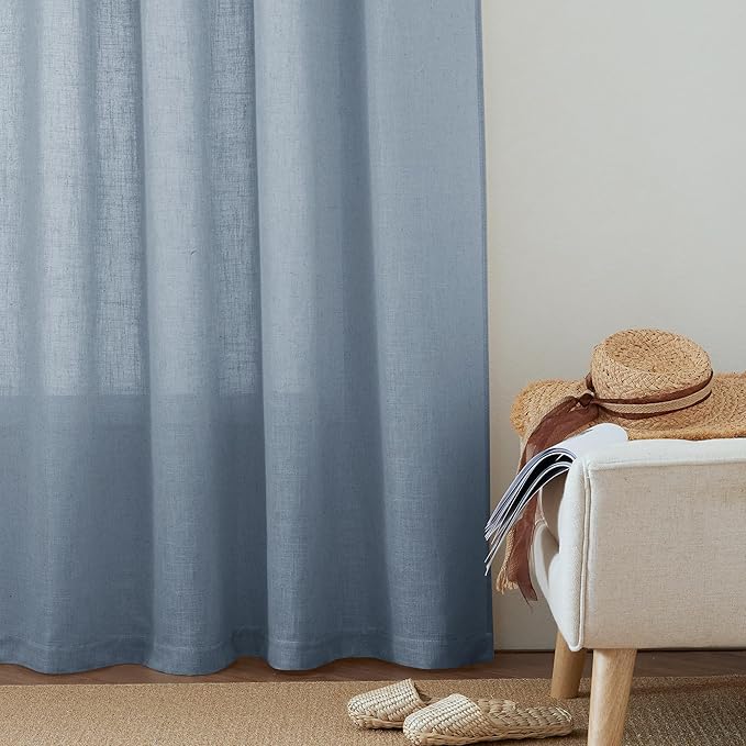 RYB HOME Extra Long Natural Linen Curtains 108 inch Length, Light Filtering Airy Fabric for Bedroom Home Office Cottage, Modern Vertical with Wrinkle Resistance, Dusty Blue, W 100 x L 108, 1 Pc
