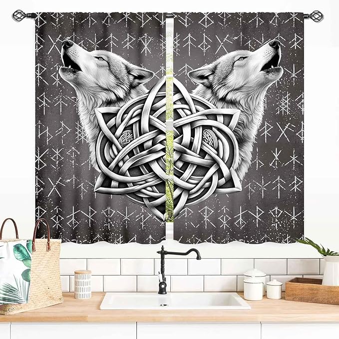 Viking Curtains, Gothic Nordic Wolf Celtic Rune Scandinavian Viking Runes Norse Mythology Aesthetic Retro Drapery for Bedroom Living Room Bathroom Window 2 Panel Set, 55x39 Inch