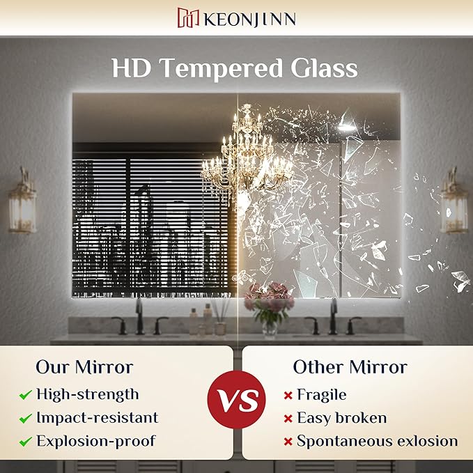 Keonjinn Backlit Mirror Bathroom 20” x 28”, Anti-Fog Mirror with Lights, CRI90+ HD Tempered Glass, Waterproof, UL Listed, Stepless Dimmable LED Mirrors for Bathroom, High Lumen, Waterproof