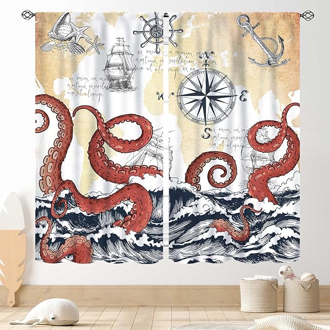 Nautical Octopus Curtains, Coastal Old Pirate Map Sailboat Compass Ocean Wave Kraken Octopus Tentacles Vintage Window Drapery Treatment for Bedroom Living Room Kitchen Bathroom 2 Panels, 84"x63" Inch