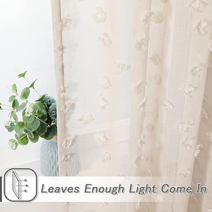 MYSKY HOME Pom Pom Beige Sheer Curtains for Bedroom Girls Room Curtains 108 Inches Long for Nursery Kids Light Filtering Boho Window Drapes, Rod Pocket, 38" Wide, 2 Panels