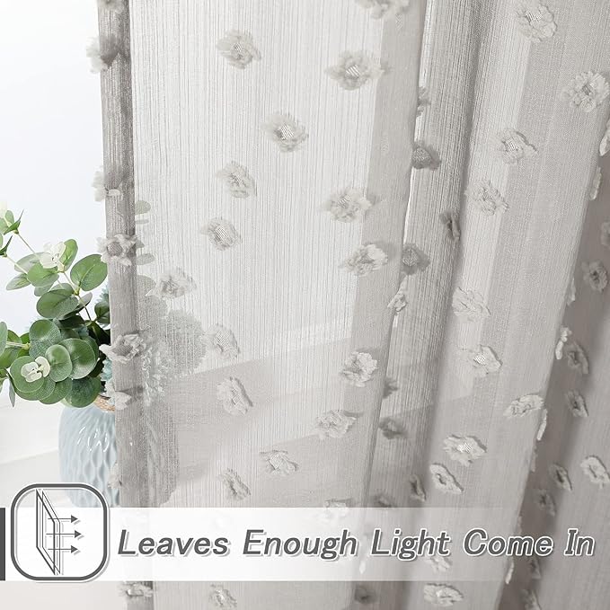 MYSKY HOME Pom Pom Grey Sheer Curtains for Bedroom Girls Room Curtains 120 Inches Long for Nursery Kids Light Filtering Boho Window Drapes, Rod Pocket, 38" Wide, 2 Panels