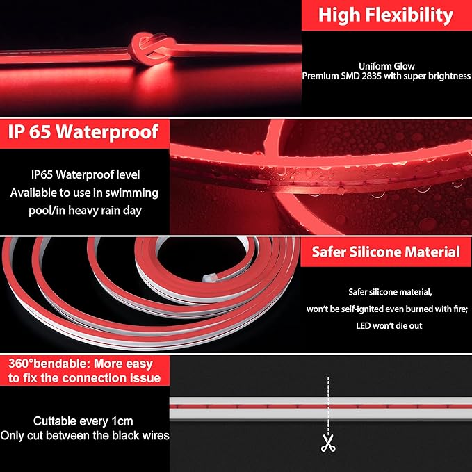 Lamomo LED Neon Lights, 16.4ft Red LED Strip Light, 12V 0.39in/Cut Silicone Waterproof Neon Rope Light, DIY Neon Sign for Bedroom Indoor Outdoor Decoration（Power Adapter not Included）