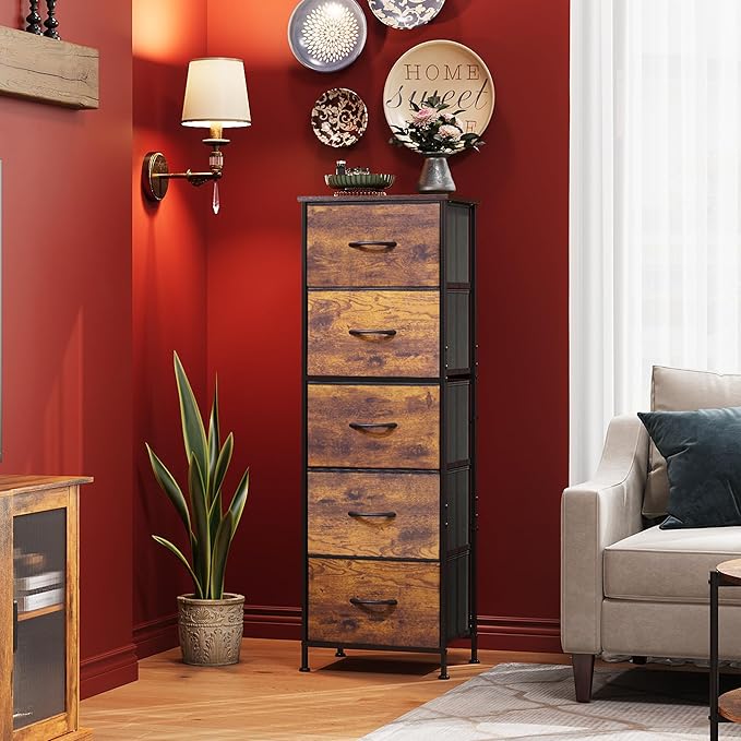WLIVE Fabric Dresser, 5-Drawer Tall Dresser for Bedroom, Storage Organizer with Fabric Bins, Wood Top, Sturdy Steel Frame, Chest of Drawers for Closet, Hallway, Rustic Brown Wood Grain Print