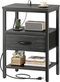SUPERJARE Nightstand with Charging Station, Bed Side Table with Adjustable Fabric Drawer, Night Stand for Bedroom, 3-Tier Storage End Table, for Living Room, Charcoal Black Wood Grain Print