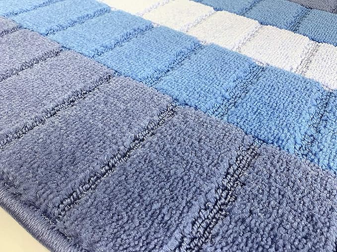 Custom Size Coastal Nautical Style Runner Rug Carpet for Hallway Entryway, Slip Resistant Latex Rubber Backed, 31 inch Wide X Customized Length, Squares Blue, 31 inch X 30 feet