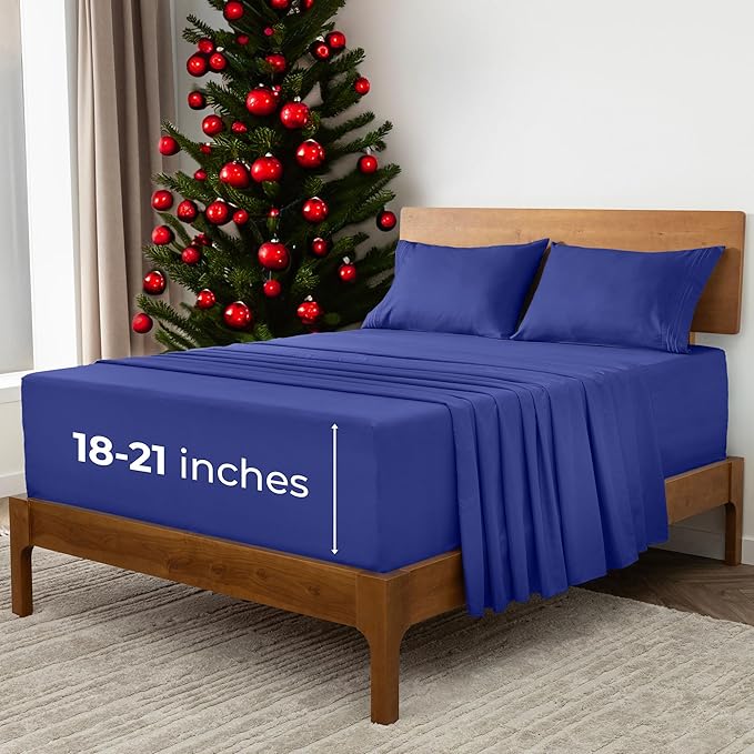 Mellanni Extra Deep King Sheets - 4 PC Iconic Collection Bedding - Hotel Luxury, Ultra Soft, Cooling Bed Sheets - Wrinkle, Fade, Stain Resistant (King, Royal Blue)