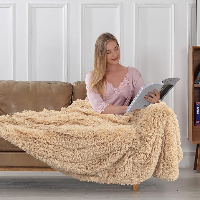 Tuddrom Decorative Extra Soft Faux Fur Throw Blanket 50"x60",Solid Reversible Fuzzy Lightweight Long Hair Shaggy Blanket,Fluffy Cozy Plush Fleece Comfy Microfiber Blanket for Couch Sofa Bed,Apricot