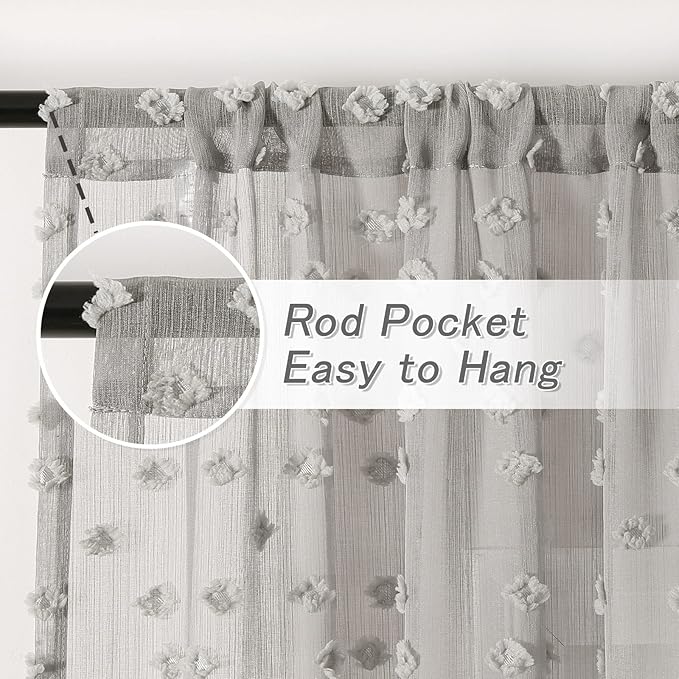 MYSKY HOME Grey Sheer Short Curtains with Pom Pom for Small Windows Bedroom Nursery Kids Girls Room Curtains Cafe Kitchen Light Filtering Boho Drapes, Rod Pocket,52 x 54 Inches, 2 Panels