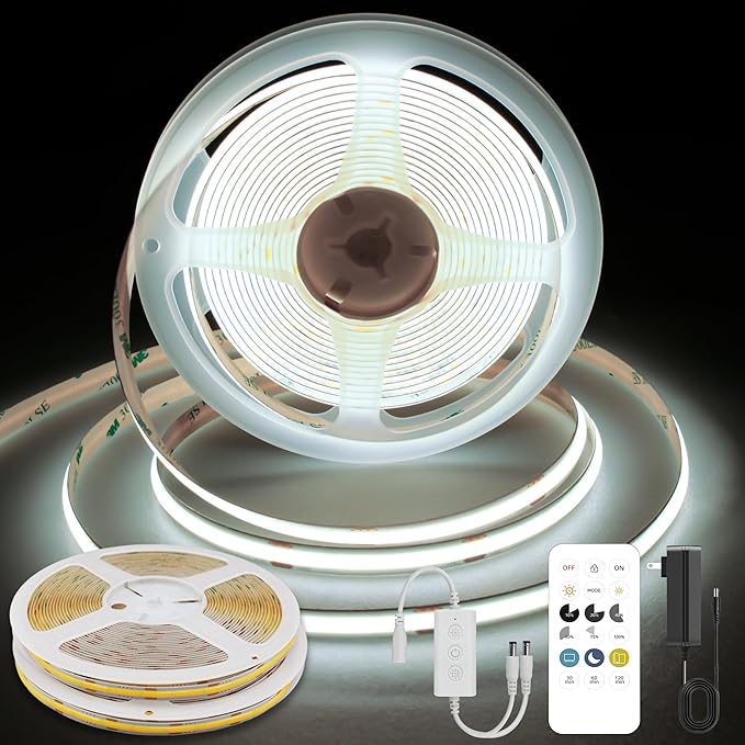 COB LED Strip Lights Cool White,24V Dimmable led Light Strip KIT with Remote and app Control,6000K 32.8FT/2 * 5m 8mm Wide Ra>90 Cuttable Flexible Strip Lights for Bedroom,Shelf,Cabinet