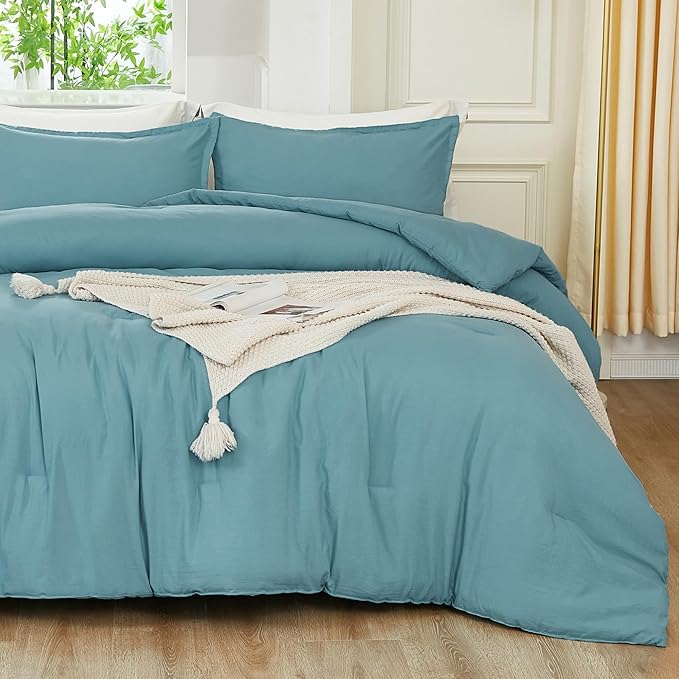 Litanika Grayish Teal Comforter King Size, 3 Pieces Lightweight Solid Bedding Set, All Season Fluffy Bed Set (104x90In Comforter & 2 Pillowcases)