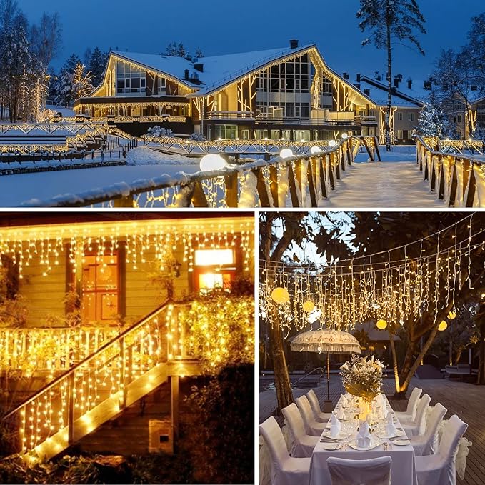 Brightown Christmas Icicle Lights Outdoor, 66 Feet 138 Drops with 736 LED, 8 Modes Waterproof Connectable Twinkle Fairy String Light for Christmas Thanksgiving Hanging Icicles (Warm White)