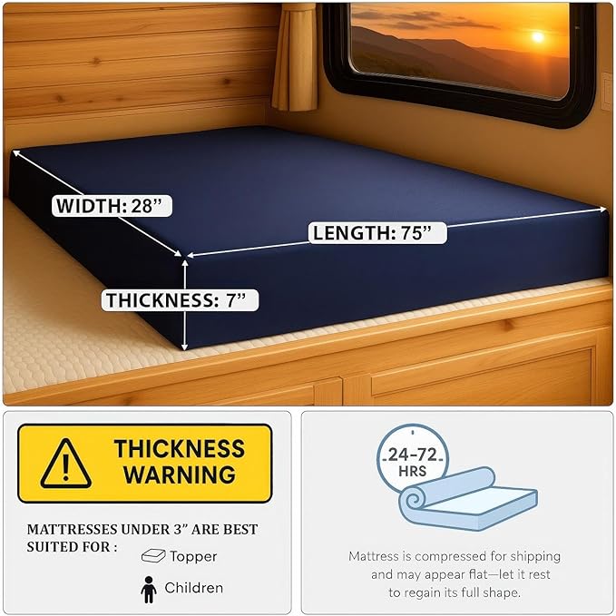 Foamma 7” x 28” x 75” Water Resistant Gel Memory Foam RV Bunk Mattress, Firm High Density Foam Base, Comfortable and Durable Polyester Cover, Truck, Camper, Travel Trailer, Made in USA