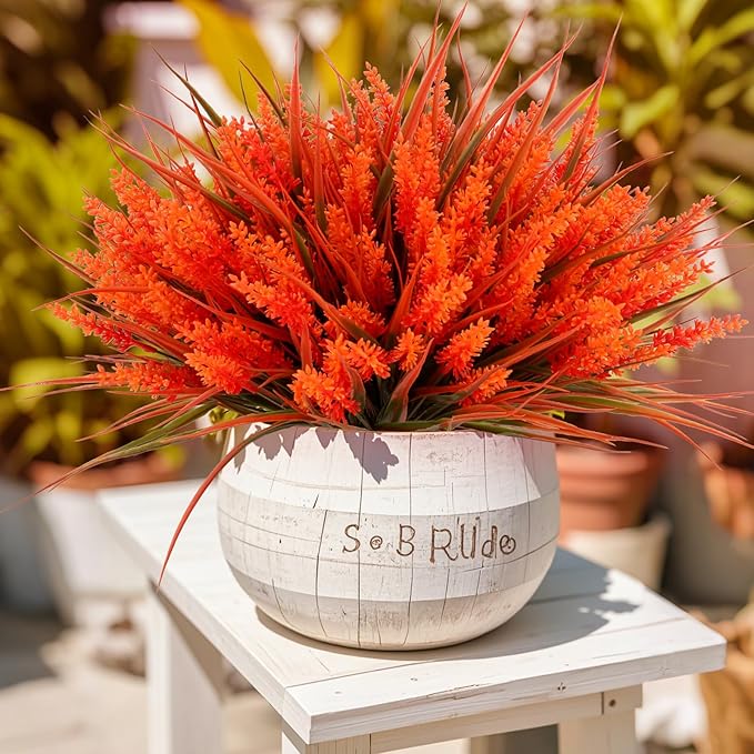 Geegoods Artificial Plants Flowers Outdoor – Faux Lavender Flowers with Monkey Grass UV Resistant Plastic Faux Plants for Garden Porch Window Patio Hanging Planter Home Decor (Autumn-red, 48PCS)