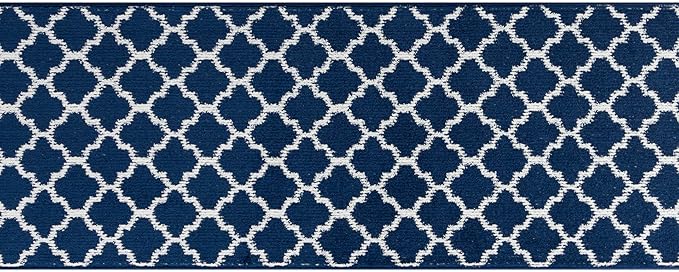 Custom Size Cut to Length Moroccan Trellis Design Runner Rug Mat For Wide Long Hallways with Non-Slip Rubber Backing, Better Traction for Pets, Prevent Slippage, Trellis Navy Blue, 31 inch X 25 feet