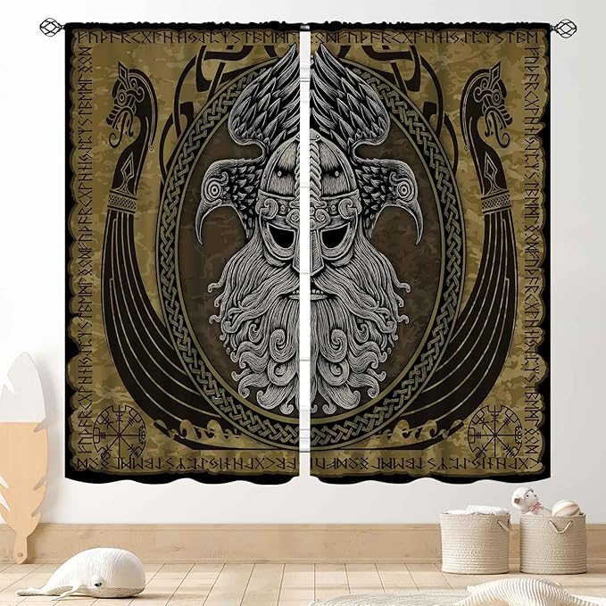 Norse Viking Curtains, Nordic Warriors Sword Celtic Rune Scandinavian Aesthetic Nation Valknut Mythology Window Drapery for Bedroom Living Room Bathroom 2 Panels, 63"x72" Inch