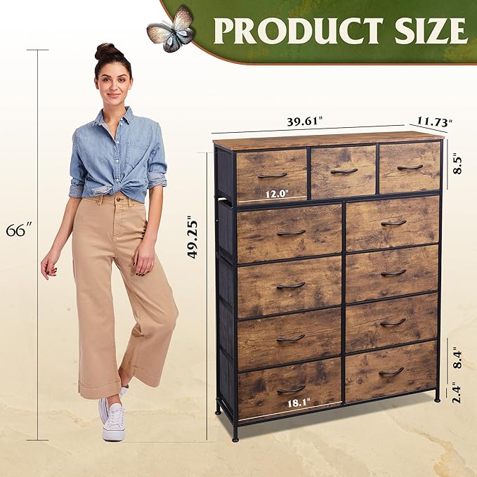 WLIVE Storage Organizer Unit with 11 Fabric Bins, Storage Drawers Organizer with Steel Frame, Tall Storage Tower Organizaton for Living Room, Hallway, Office, Rustic Brown