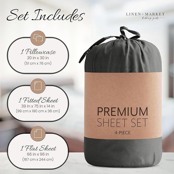 Linen Market Double-Brushed Microfiber Twin Sheet Set 3 Piece – Oeko-TEX Certified Ultra Soft & Wrinkle-Free - 16" Deep Pocket Sheets - Easy Care Twin Size - Gray