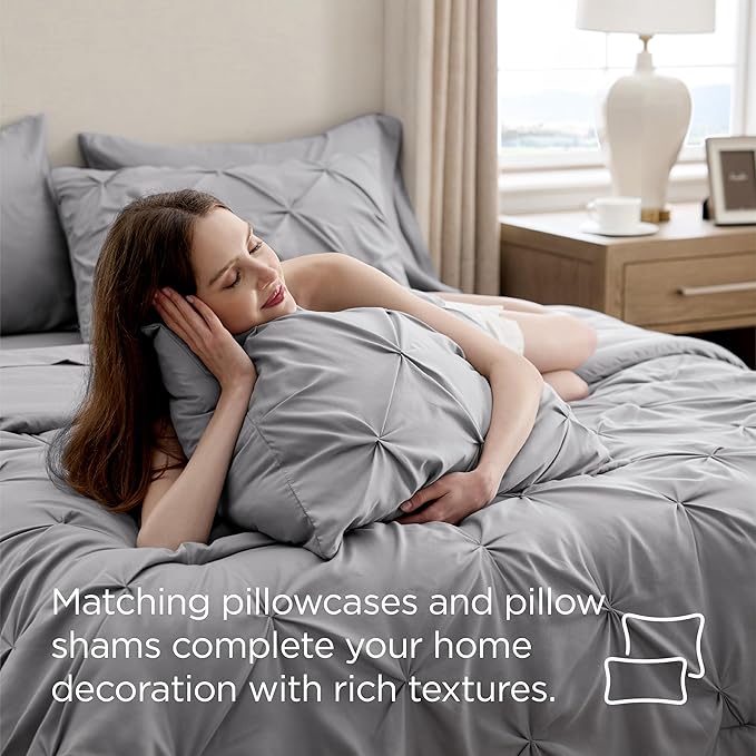 Bedsure Full Comforter Set Grey - Bed in a Bag Full Size Bedding Set 7 Pieces, GentleSoft™ Pintuck Bed Set Gift for Family, Pinch Pleat Grey Comforter with Sheets, Pillowcases & Shams