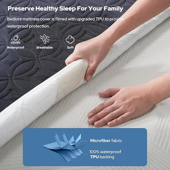 BEDLORE Waterproof Mattress Protector, Twin Size Mattress Pad with Deep Pocket 6"-15" Depth, Soft Dirt-Proof Double Bed Mattress Cover for Bedroom, College Dorm, Hotel (Navy Blue)
