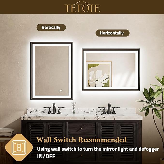 TETOTE 48x36 LED Bathroom Mirror with Lights Black Frame Frontlit & Backlit Lighted Vanity Mirror Baroque Gothic Anti Fog Dimmable White/Warm/Natural,CRI90+,Waterproof,(Horizontal/Vertical)