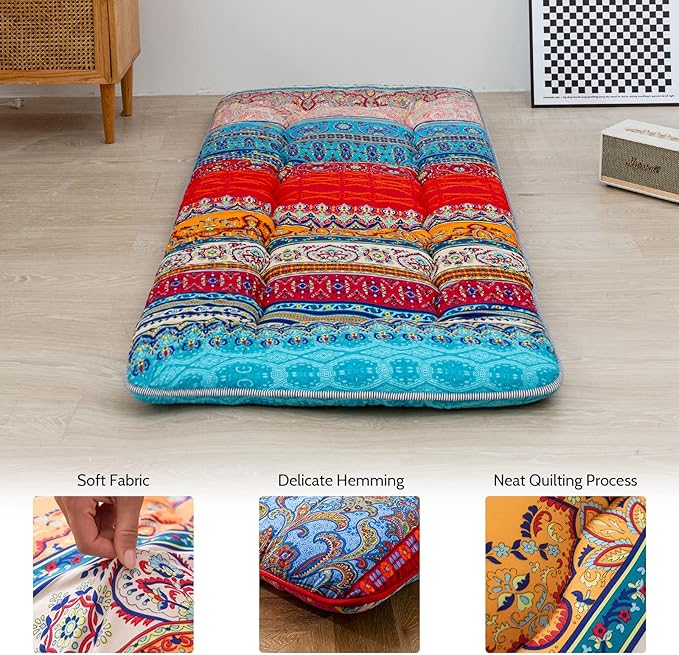MAXYOYO Cot Mattress Bohemian Floor Bed, Japanese Floor Mattress Narrow Twin Futon Single Bed for Adults, Foldable Futon Roll Up Mat for Camping