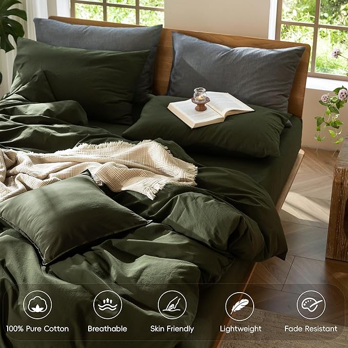 MooMee Bedding Duvet Cover Set 100% Washed Cotton Linen Like Textured Breathable Durable Soft Comfy (Solid Olive Green, Super King Plus 120"x120")