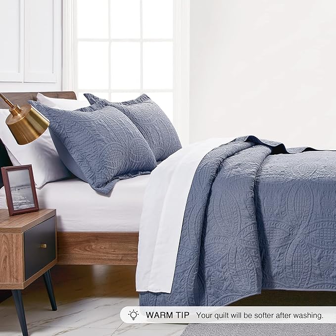 Love's cabin Quilts for Queen Bed Blue Bedspreads - Soft Bed Summer Lightweight Bedspread Comforter - Modern Style Coin Pattern Coverlet for All Season - 3 Pieces (1 Quilt, 2 Pillow Shams)