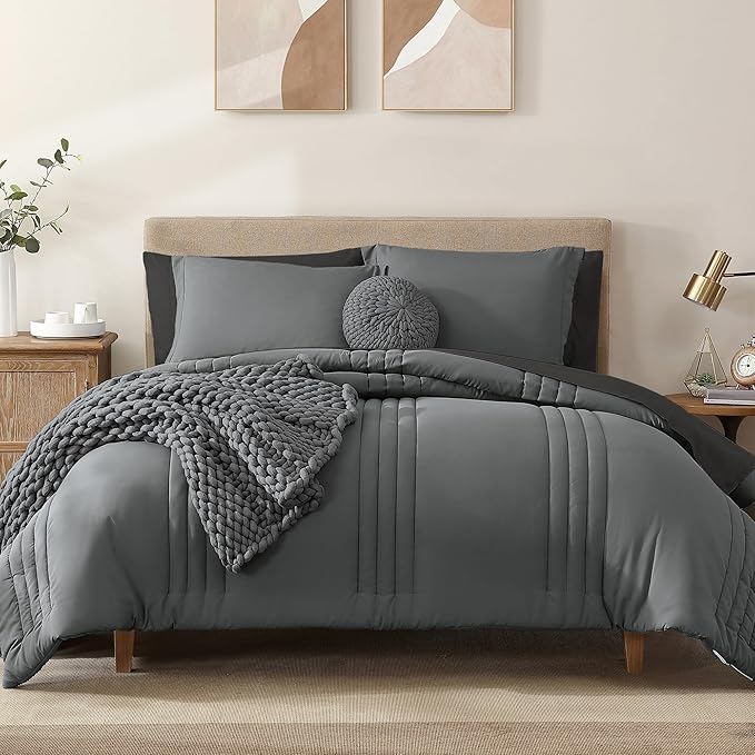 Monbix Twin XL Size Comforter Set - Extra Long 5 Pieces Dorm Bedding Sets, Quilting Design Fluffy Bed in a Bag Twin XL with Sheets, Pillowcase & Sham(Grey)