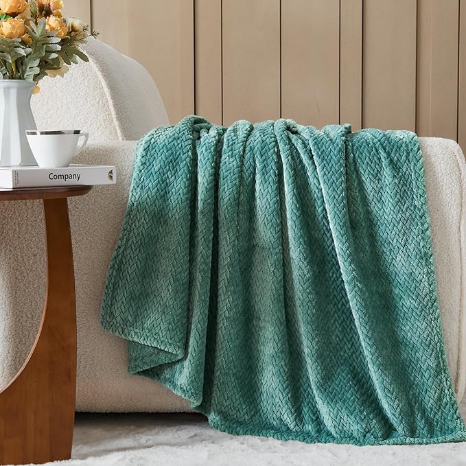 NEWCOSPLAY Super Soft King Blanket Light Teal Premium Silky Flannel Fleece Leaves Pattern Lightweight Bed Blanket All Season Use (Light Teal, King(90"x110"))