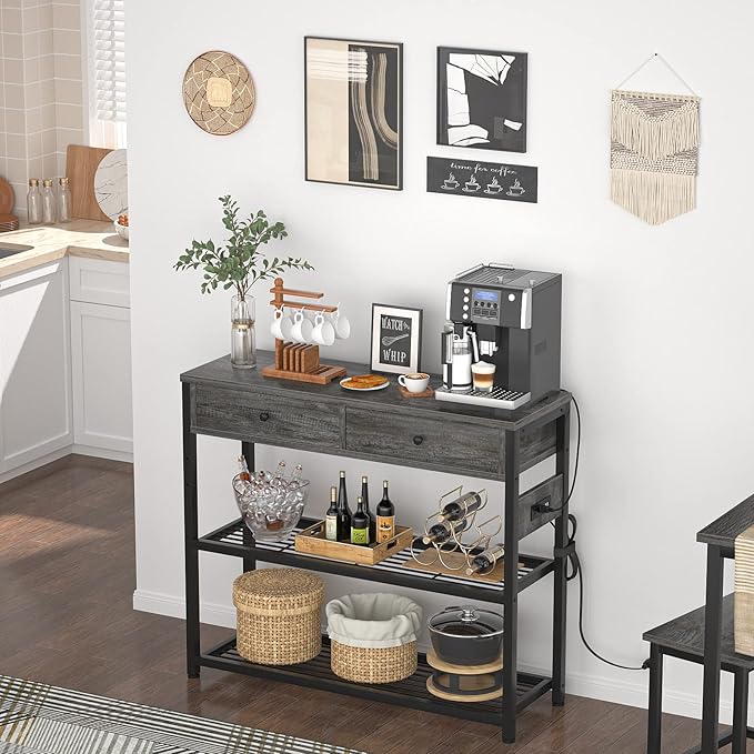 Ecoprsio Entryway Table with Outlets and USB Ports, Small Console Table with 2 Drawers, Sofa Table with Storage Shelves for Living Room, Couch, Hallway, Foyer, Kitchen Counter, 32'', Grey Oak