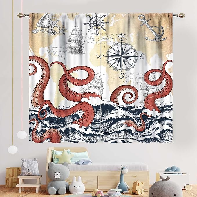 Nautical Octopus Curtains, Coastal Old Pirate Map Sailboat Compass Ocean Wave Kraken Octopus Tentacles Vintage Window Drapery Treatment for Bedroom Living Room Kitchen Bathroom 2 Panels, 63"x63" Inch