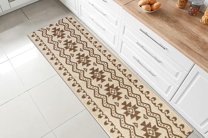 Custom Length Cut to Size Tribal Ethnic Southwestern Inspired Hallway Runner Rug, Non Slip Rubber Backed, 31 inch Wide X Customized Length, Aztec Beige, 31 inch X 16 feet
